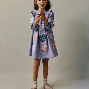 Heart Appliqué Dress-Dusty Blue Hearts