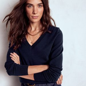 Emilia Cotton V Neck Sweater-Navy