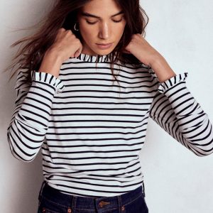 Supersoft Frill Detail Top-Ivory / Navy Stripe