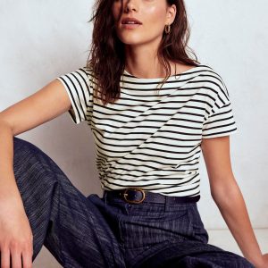 Supersoft Boat Neck T-Shirt-Ivory, Navy Stripe