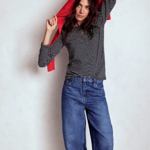 Cotton Crew Long Sleeve Top-Navy, Ivory Stripe