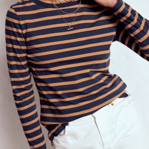 Olivia Long Sleeve Breton-Navy, Camel Stripe