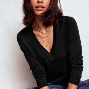 Emilia Cotton V Neck Sweater-Black