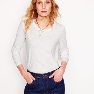 Cotton Crew Long Sleeve Top-White