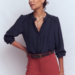 Rhea Trim Detail Silk Top-Navy