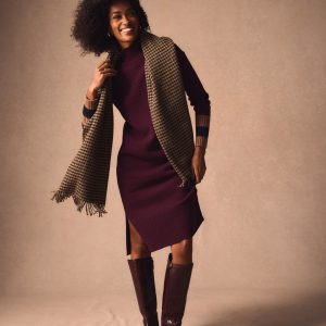 Merino Knitted Dress-Dark Cherry, Brown Stripe