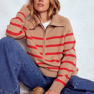 Lucy Half-zip Sweater-Camel Melange, Red Stripe