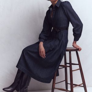 Pleat Skirt Denim Midi Dress-Indigo