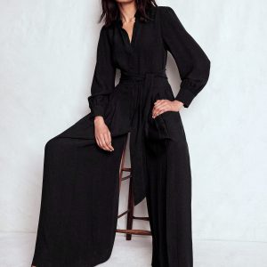 Button Up Palazzo Jumpsuit-Black
