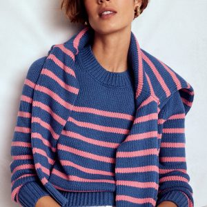 Lucy Chunky Cotton Sweater-Blue, Pink Stripe