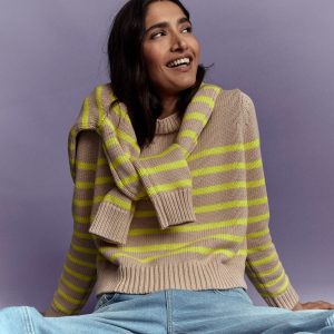 Lucy Chunky Cotton Sweater-Camel Melange, Neon Stripe