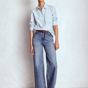 Sadie Relaxed Cotton Shirt-Faded Denim and Ivory Stripe