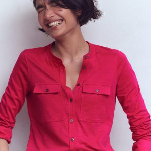 Topstitched Pocket Shirt-Pomegranate