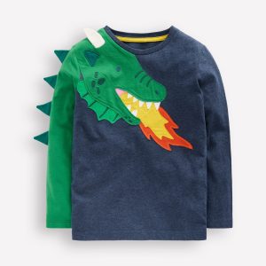 Fun Appliqué T-shirt-Blue Marl Dragon Fire