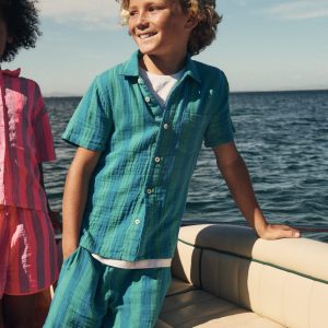 Double Cloth Shorts-Green and Blue Stripe