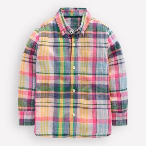 Long Sleeve Cotton Linen Shirt-Madras Check