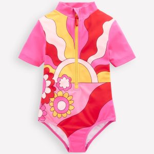 Short-sleeved Swimsuit-Cinnamon Red Sixties Sunrise