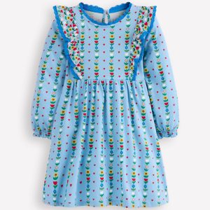 Long Sleeve Ruffle Dress-Glacier Blue Garden Stripe