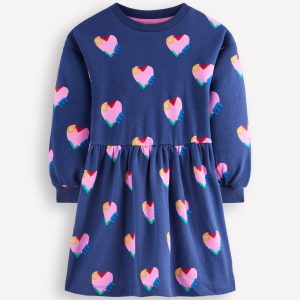 Drop Shoulder Sweat Dress-Starboard Blue Love Hearts