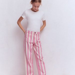 Patch Pocket Straight Jeans-Pink/Ivory Stripe