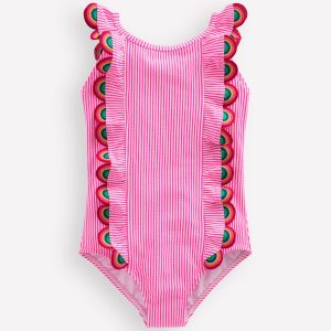 Flutter Trim Swimsuit-Ticking Stripe Rainbow