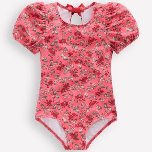 Puff Sleeve Swimsuit-Salmon Pink Meadow Floral
