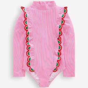 Long Sleeve Frill Swimsuit-Pink Glo Stripe Rainbow