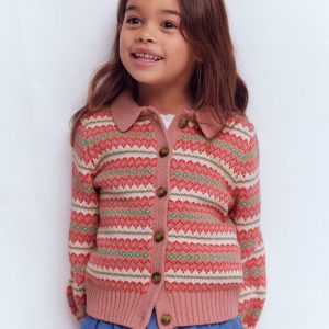 Collared Fair Isle Cardigan-Vintage Pink