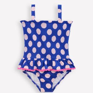 Peplum Smocked Swimsuit-Bright Blue Polka Dot
