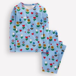 Snug Long John Pajamas-Glacier Blue Sunflower Garden
