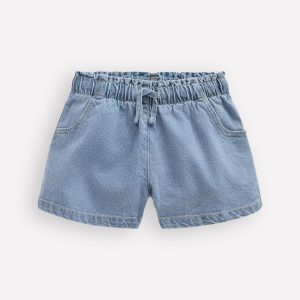 Frill Waist Shorts-Light Wash Denim