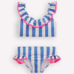 Frill V-neck Bikini Set-Denim Blue Stripe