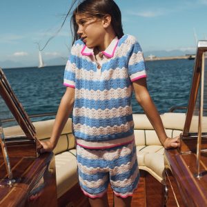 Pointelle Knitted Polo Top-Wave Blue