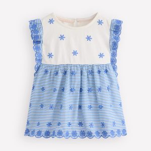 Fabric Mix Broderie Top-Blue Ticking