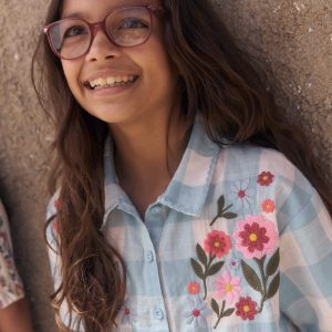 Short Sleeve Relaxed Shirt-Blue Gingham Embroidery