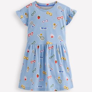 Jersey T-Shirt Dress-Glacier Blue Holiday Print