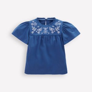 Embroidered Flutter Sleeve Top-Sapphire Blue
