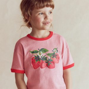 Printed Ringer T-shirt-Vintage Pink Strawberries