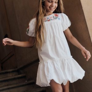 Drop Waist Bubble Dress-Soft Ivory Embroidery