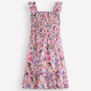 Shirred Embroidered Bow Dress-Multi Pink Floral
