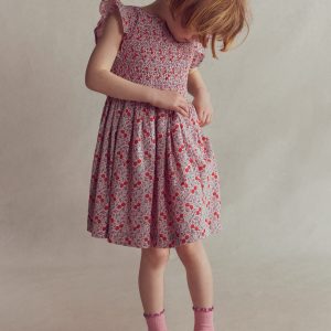 Bow Back Shirred Dress-Pink Cherries