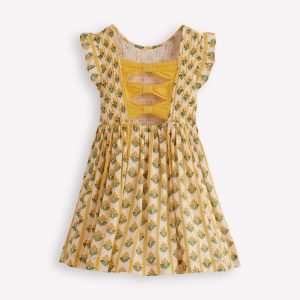 Bow Back Shirred Dress-Honeycomb Yellow Flower Stem