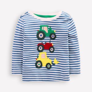 Long Sleeve Applique T-Shirt-Blue Stripe Tractors