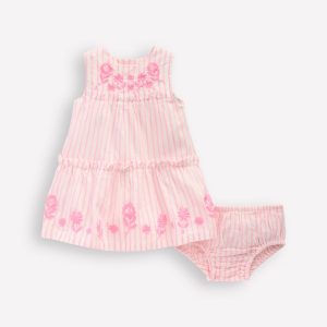 Tiered Ruffle Dress-Pink Embroidered Stripe