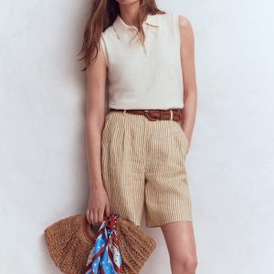 Chelsea Belted Linen Shorts-Brown. Ivory Ticking Stripe