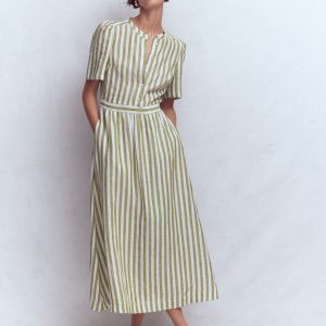 Ivy Linen Midi Dress-Olive. Ivory Stripe