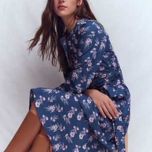 Ava Cotton Midi Dress-Denim Blue, Blossomy Sprig