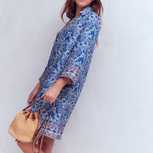 Carmen Linen Short Dress-Bright Blue. Elaborate Terrace