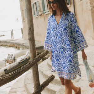 Carmen Linen Short Dress-Bright Blue, Elaborate Terrace