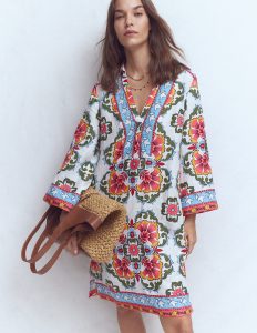 Carmen Linen Short Dress-Multi. Ornamental Trellis